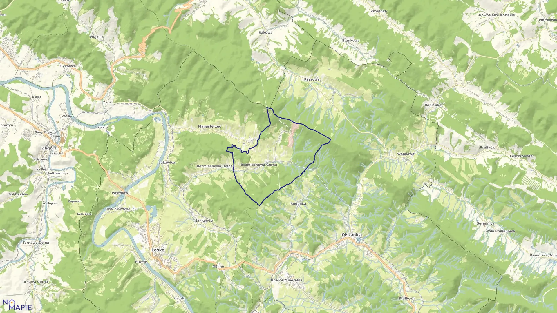 Mapa obrębu BEZMIECHOWA GÓRNA w gminie Lesko