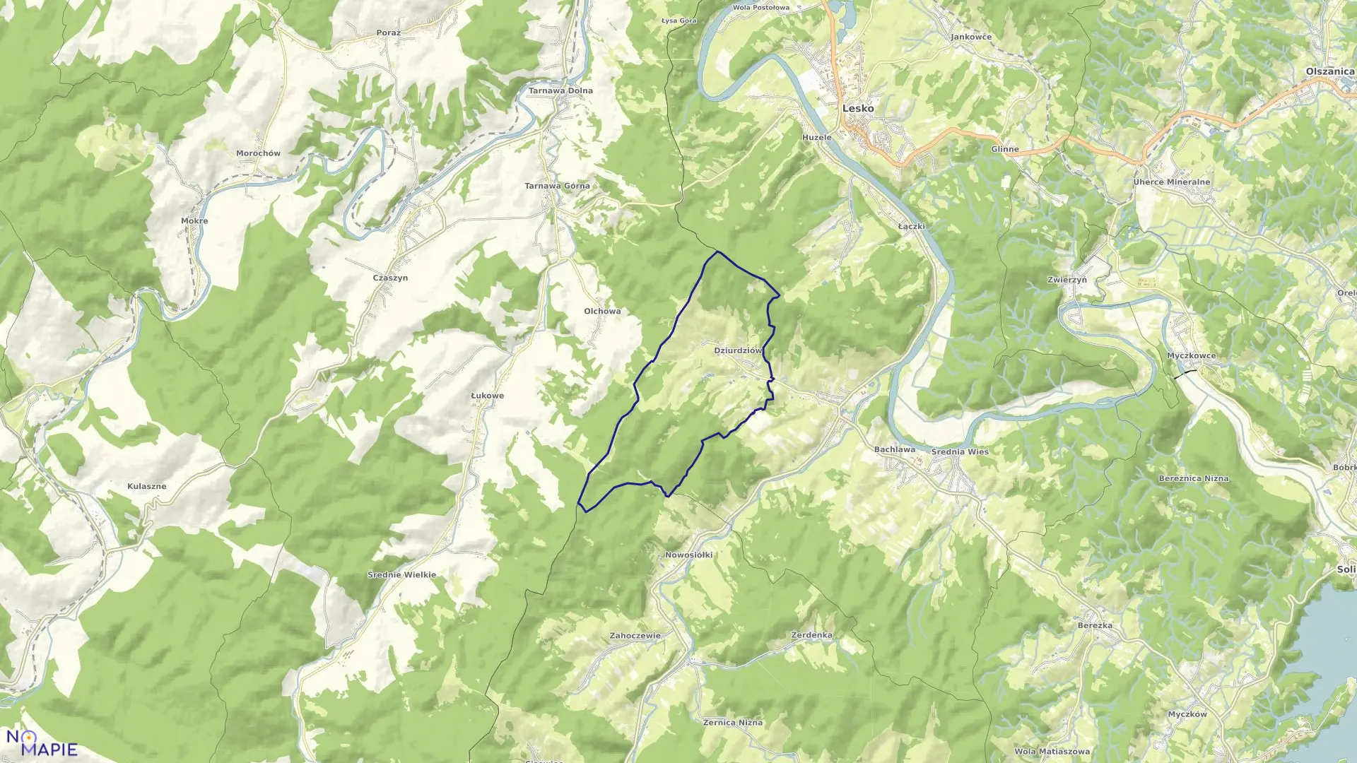 Mapa obrębu DZIURDZIÓW w gminie Lesko
